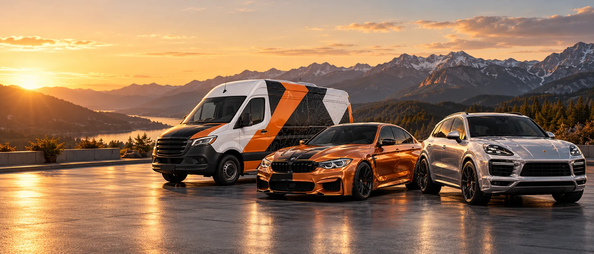 Wrapped cargo van, sedan and SUV parked at sunset